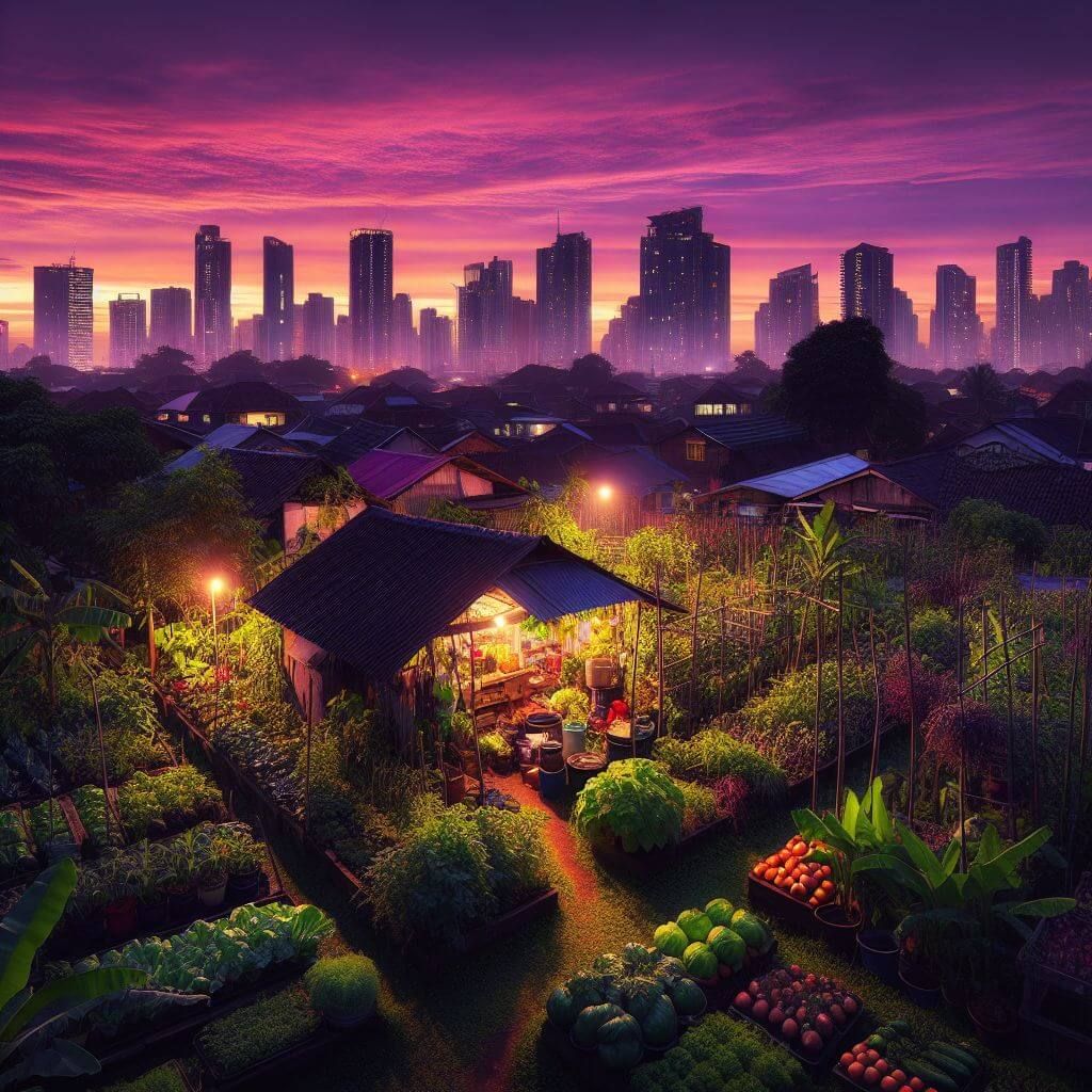 Image capturing an urban garden during twilight, with lush greenery illuminated by soft ambient lighting, set against a backdrop of cityscape buildings blending into the evening sky