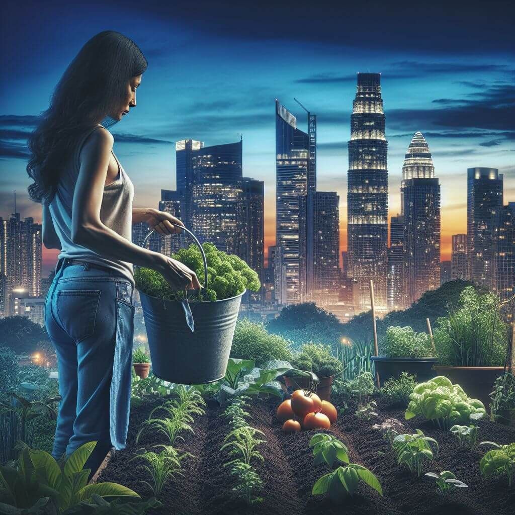 Image capturing an urban garden during twilight, with lush greenery illuminated by soft ambient lighting, set against a backdrop of cityscape buildings blending into the evening sky